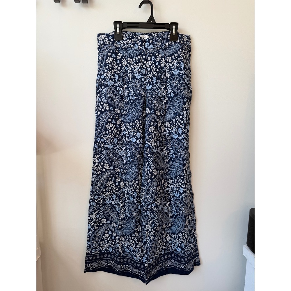 Loft Navy Blue Paisley Floral Wide Leg Pants Small Bohemian Elastic Waist Pants